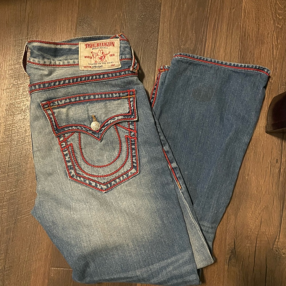Red stitching True Religion jeans straight